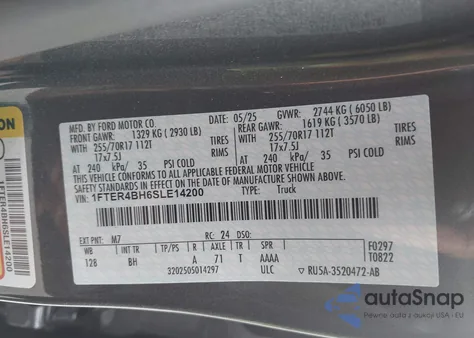 2025 Ford Ranger Xl из США, поврежденный, VIN 1FTER4BH6SLE14200